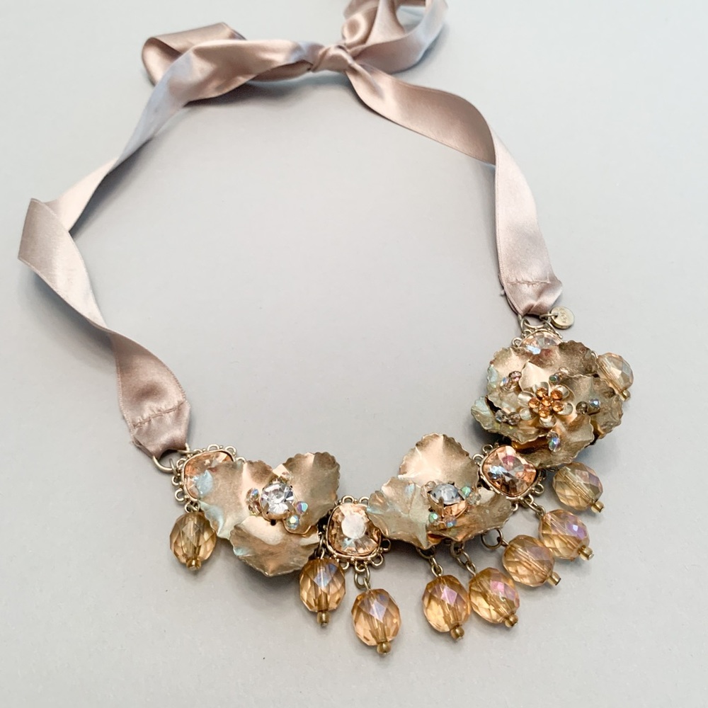 LOFT Womens Rose Gold Crystal and Gem Flower Necklace with Ribbon (One Size)